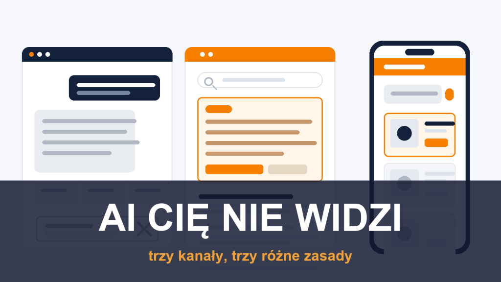 Trzy kanaly AI: czat, wyniki Google z blokiem AI i asystent zakupowy w aplikacji